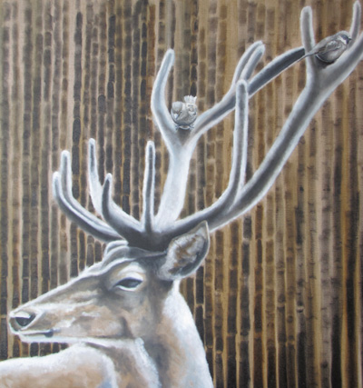 Peinture Animalière - Marc Legris - Albert le Cerf, avec Enzo et Léo - 2012 - huile sur toile - 80x80cm Marc Legris - Peinture Animalière
