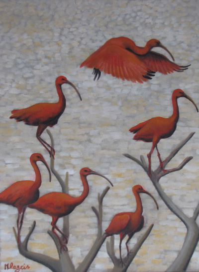 Peinture Animalière - Marc Legris - Ibis rouges - 2014 - huile sur toile - 60x72cm Marc Legris - Peinture Animalière