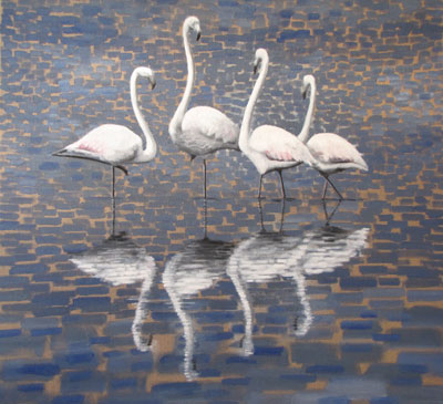 Peinture Animalière - Marc Legris - Man-man et les enfants les flamants - 2011 - huile sur toile - 110x110cm Marc Legris - Peinture Animalière
