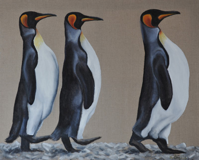 Peinture Animalière - Marc Legris - Trois manchots empereurs - 2003 - huile sur toile - 100x81cm Marc Legris - Peinture Animalière