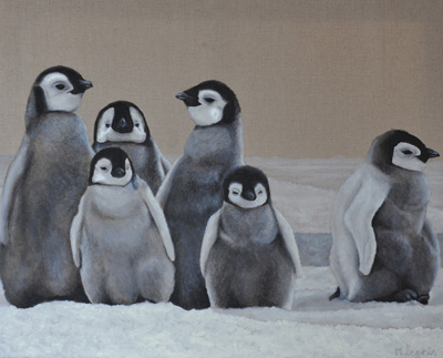 Peinture Animalière - Marc Legris - Bébés manchots - 2003 - huile sur toile - 100x81cm Marc Legris - Peinture Animalière