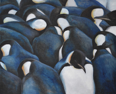 Peinture Animalière - Marc Legris - Manchots au coeur de la tortue - 2002 - huile sur toile - 60x73cm Marc Legris - Peinture Animalière
