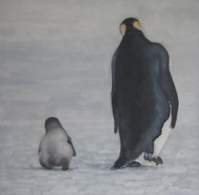 Peinture Animalière - Marc Legris - Papa et manchot junior - 2014 - huile sur toile - 50x50cm Marc Legris - Peinture Animalière
