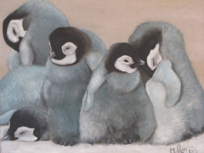 Peinture Animalière - Marc Legris - Poussins Manchots froids - 2013 - huile sur toile - 55x45cm Marc Legris - Peinture Animalière