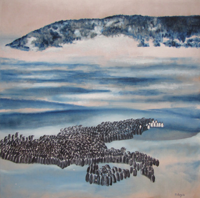 Peinture Animalière - Marc Legris - Tortue de manchots - 2005 - huile sur toile - 120x120cm Marc Legris - Peinture Animalière