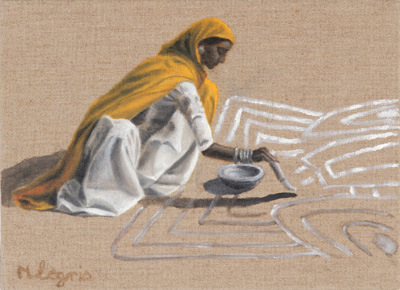 Peinture Voyages - Marc Legris - Rajasthan - Femme au Voile Safran - 2003 - huile sur toile - 33x24cm Marc Legris - Peinture Voyages