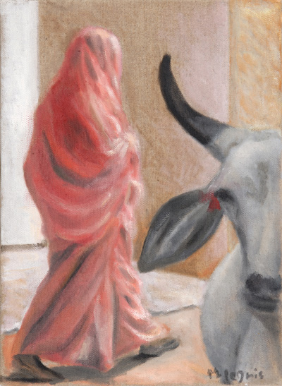 Peinture Voyages - Marc Legris - Rajasthan - Femme et Vache Sacrée - 2004 - huile sur toile - 33x24cm Marc Legris - Peinture Voyages