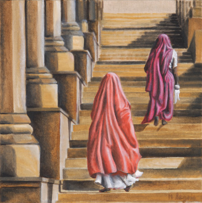 Peinture Voyages - Marc Legris - Rajasthan - Femmes Montant un escalier - 2004 - huile sur toile - 60x60cm - collection particuliere Marc Legris - Peinture Voyages
